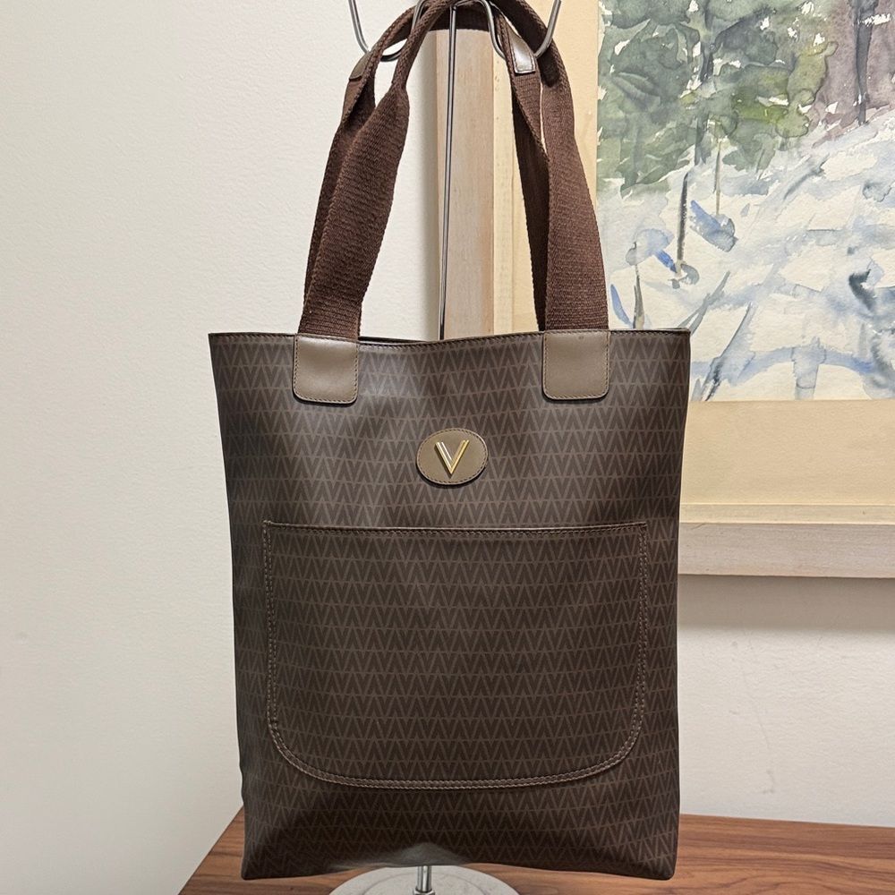 NWOT Mario Valentino Brown Logo Coated Canvas Tote Bag with Shoulder Strap.